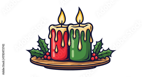 Warm festive glow of red and green holiday candles adorned with holly and berries, creating a cozy and inviting atmosphere for seasonal celebrations