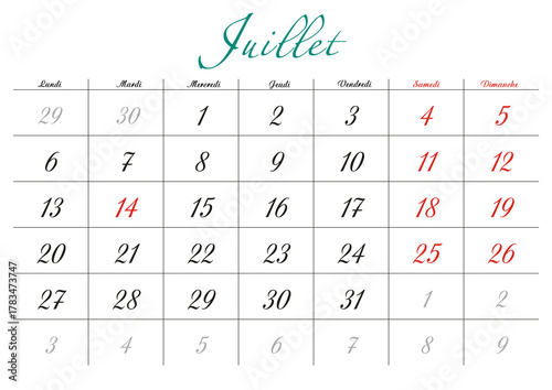 Minimalist French 2026 calendar with months and dates, clean typography design, white background