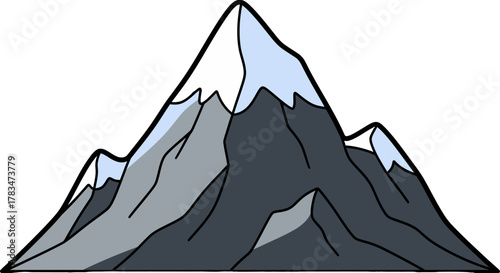 Graphic representation of a towering mountain range with frosted peaks, evoking a sense of elevation, outdoor exploration, and natural grandeur in a stylized vector design