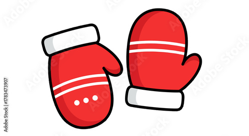 Vibrant red mittens illustration, a cozy and warm pair with white cuffs and stripes, symbolizing winter comfort and festive holiday cheer