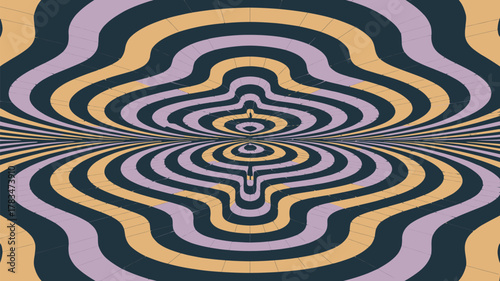 Abstract perspective view of wavy lines in yellow lavender and dark blue forming a hypnotic pattern