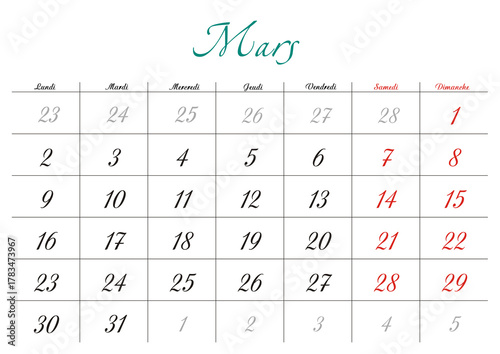 Minimalist French 2026 calendar with months and dates, clean typography design, white background