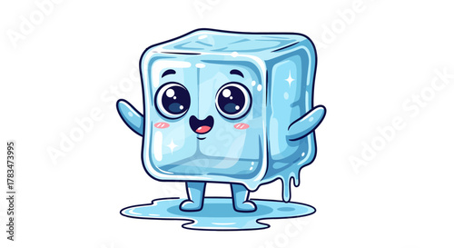 Cute cartoon ice cube character melting and waving enthusiastically with a happy expression and dripping water on a white background