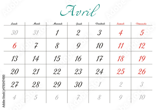 Minimalist French 2026 calendar with months and dates, clean typography design, white background