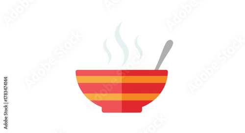 A vibrant illustration of a steaming bowl of warm soup with a spoon, depicted in a minimalist and flat design style, conveying comfort and a healthy meal for various digital applications