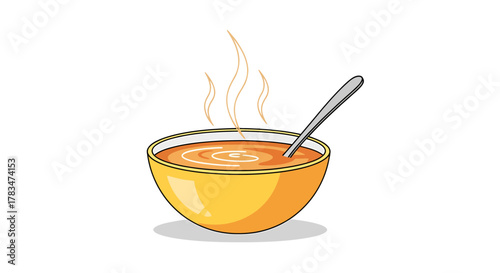 A steaming yellow bowl of hot, delicious orange soup with a spoon, an isolated vector illustration of a healthy and comforting meal