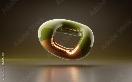 A 3D rendered abstract sculptural form floating above a reflective brown surface.
