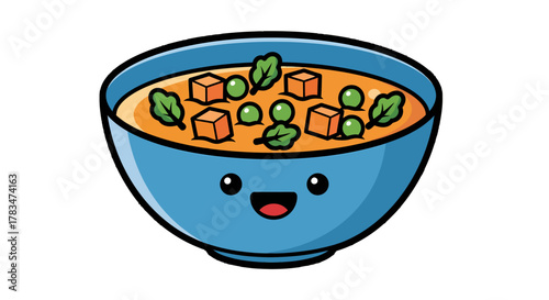 Smiling blue cartoon bowl of warm vegetable soup with peas and carrots, a delightful illustration for cheerful food graphics
