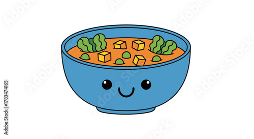Cute cartoon bowl of soup with a happy face, perfect for food-related designs and children's content