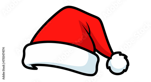 A vibrant red and white cartoon Santa hat illustration, a classic symbol of Christmas and holiday cheer isolated on a white background