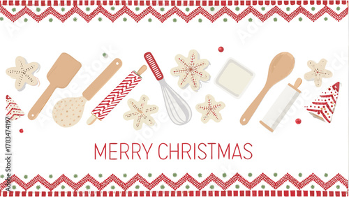 Festive christmas baking scene with snowflake and star shaped cookies and baking utensils on a white background with decorative borders