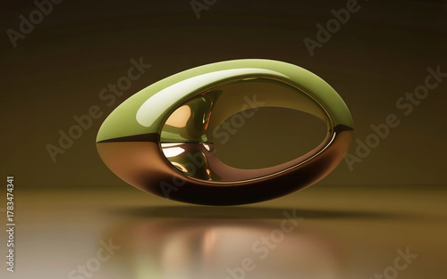A 3D rendered abstract sculptural form floating above a reflective brown surface.