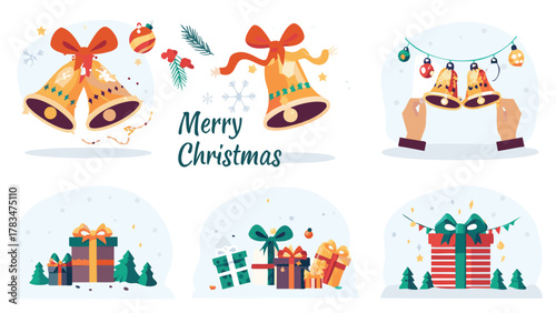 Festive merry christmas illustration featuring decorated bells gift boxes pine trees and twinkling lights in a joyful winter scene