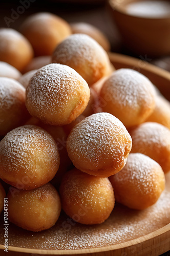 Gnon: golden fried dough balls from Burkina Faso, with powdered sugar. Fried donuts. Burkina Faso West African food and cuisine