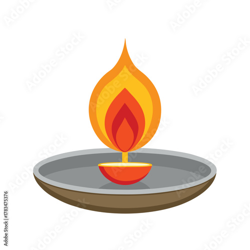 Glowing diya on silver thali vector flat illustration top-view for puja