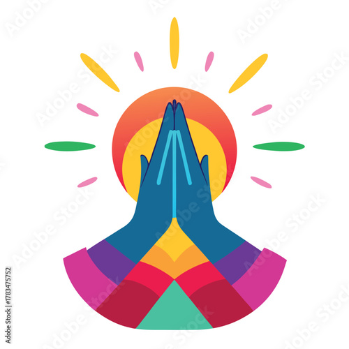 Folded hands vector with Namaste gesture flat colorful illustration with aura