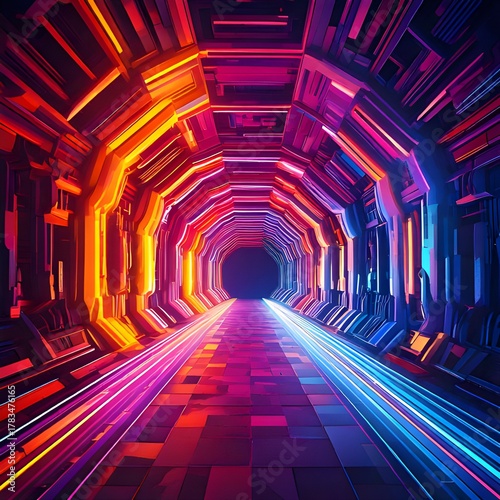 Futuristic Tunnel with Vibrant Neon Lights and Geometric Design.