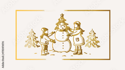 Two children in winter clothing build a snowman together surrounded by snow covered pine trees in a festive golden frame