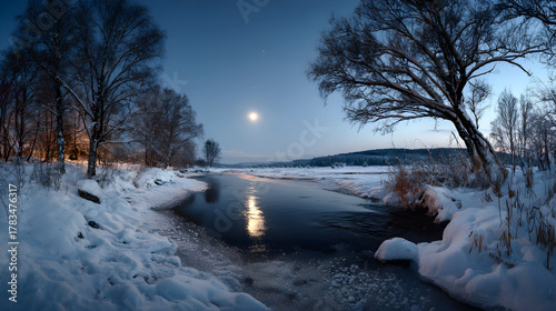 River frozen beneath glowing moonlight, panoramic stillness and tranquil winter peace