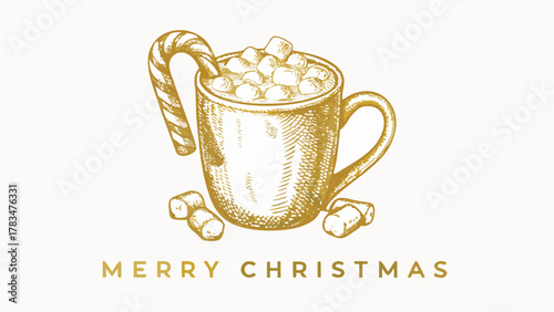 Golden hand drawn sketch of a mug filled with marshmallows and a candy cane for a merry christmas greeting