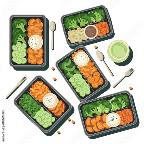 Vector illustration of healthy pre-packed meal prep containers