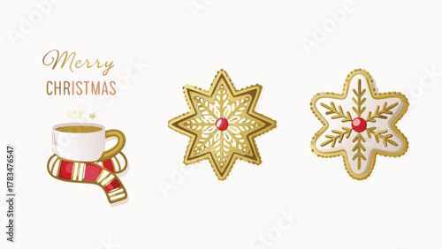 Festive merry christmas greeting with a cozy hot drink and two beautifully decorated snowflake shaped cookies