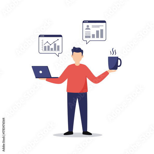 Business professional multitasking with laptop, data analysis, and coffee