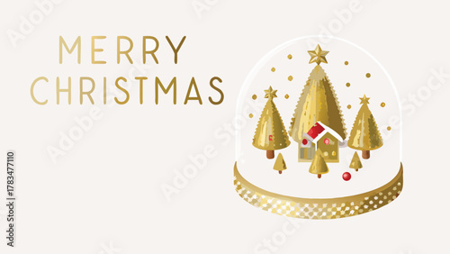 Elegant merry christmas greeting with a golden snow globe featuring festive trees and a charming house against a soft pastel background