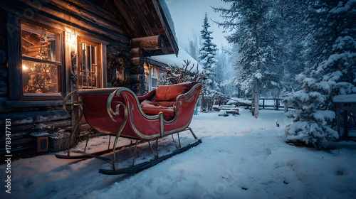 Santas sleigh parked beside snowy cabin, cinematic HDR tone and storytelling warmth
