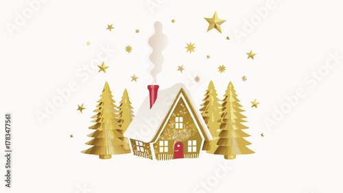 Cozy christmas cabin nestled amongst golden fir trees under a starry winter sky with smoke rising from the chimney