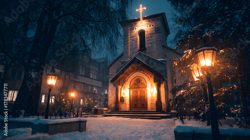 Snow-covered church with glowing cross and lanterns, warm contrast lighting, spiritual holiday emotion