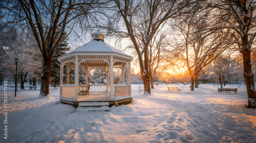 custom made wallpaper toronto digitalSnow-covered gazebo in park, HDR golden light and calm winter solitude