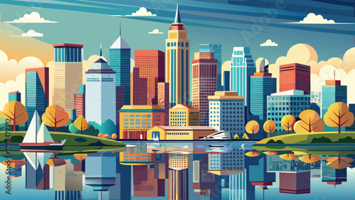 Very beautiful panoramic view of the Boston, Massachusetts skyline from the bay, featuring waterfront reflections, iconic buildings, clear skies, and a realistic vibrant urban cityscape.