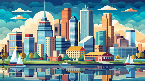 Very beautiful panoramic view of the Boston, Massachusetts skyline from the bay, featuring waterfront reflections, iconic buildings, clear skies, and a realistic vibrant urban cityscape.