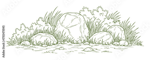 A mix of stones placed in the grass and bushes, isolated against a white background. This is a vector illustration created in an outline style by hand