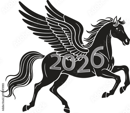 Mythical winged horse pegasus with the year 2020 depicted on its body