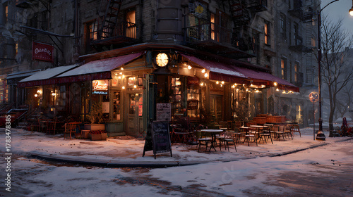 Fototapeta Naklejka Na Ścianę i Meble -  Snow-covered street corner café with warm lights, cozy cinematic contrast