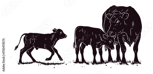 An illustration of a cheerful calf having fun in a grassy field, while another calf stays near its mother. This artwork showcases the playful and nurturing aspects of life on a farm.