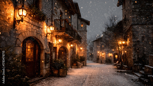 Fototapeta Naklejka Na Ścianę i Meble -  Snow falling over ancient European village, HDR night capture with glowing lanterns, timeless charm
