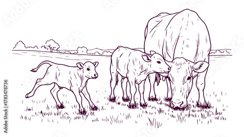 A sketch of a joyful calf playing around in a grassy meadow while another calf hangs out with its mom. The drawing highlights the fun and caring vibes of a countryside farm scene.