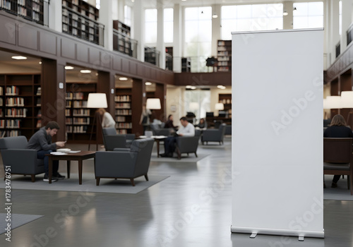 A blank white roll-up banner mockup is placed on the polished floor of a modern library or university lounge area with people reading in the background.