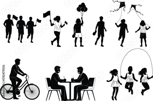 Community Activity Silhouettes – Running, Walking, Biking, Kiting, and Playful Interaction