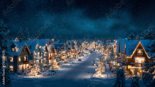 Snowy Christmas village under aurora lights, glowing pine trees and frosted rooftops captured in cinematic HDR illumination, serene festive ambiance, photorealistic winter wonderland