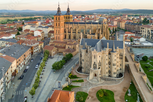 Aerial view of Astorga town at sunrise in Castilla y Leon, northern Spain