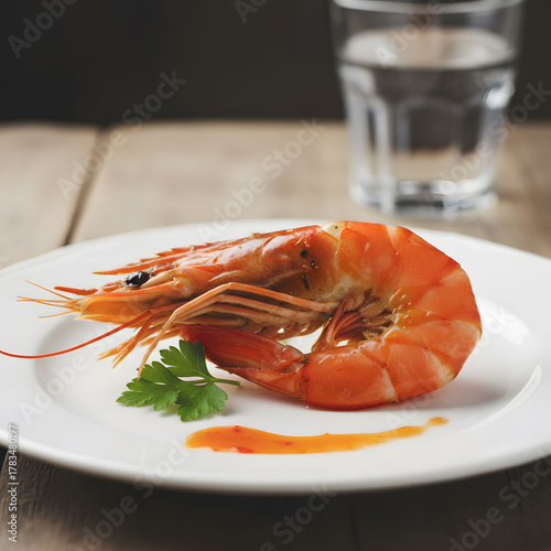 Cooked Shrimp on a White Plate with Parsley and Sauce