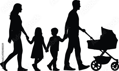 Family Walking Silhouette – Parents, Children, and Baby Stroller in Motion