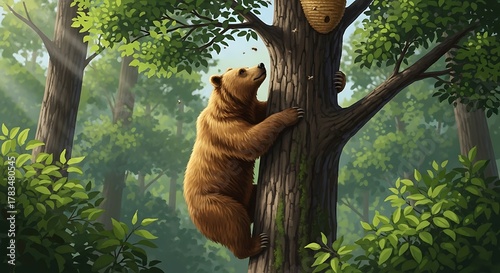 A brown bear climbing a tree in a lush green forest