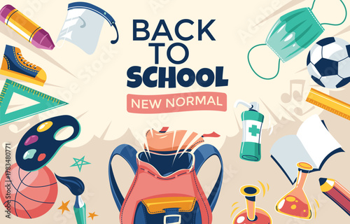 Back to school vector illustration with school supplies new normal concept for education during the pandemic flat design for posters and banners