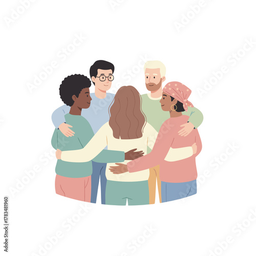 Diverse Group of Friends Embracing in Unity and Friendship Showing Joyful Connection Together with Arms Around Shoulders in a Circle Formation Against a Black Background Simple Flat Illustration