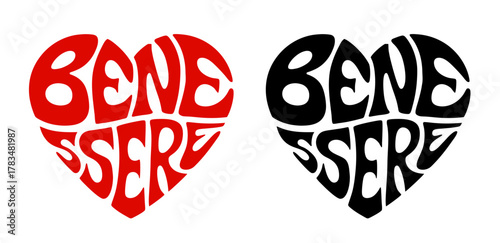 Heart-shaped sticker set featuring "Benessere" in colorful and black design. For wellness and well-being activities and lifestyles 